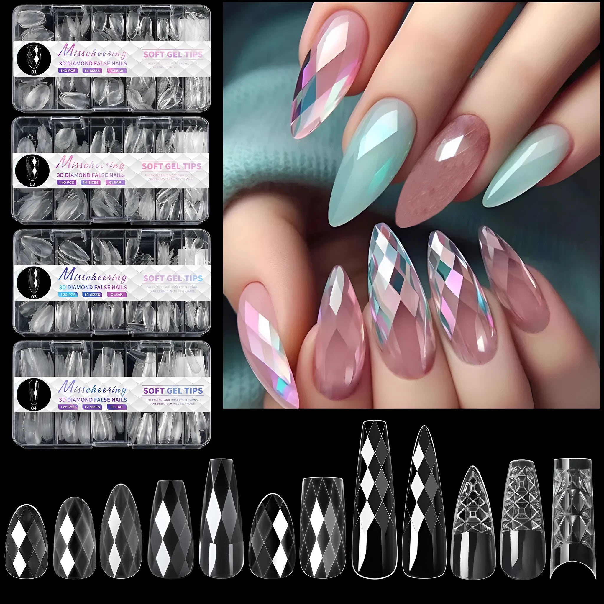Set of 3D diamond texture long artificial nail tips in various colours from Diamond Nail collections.