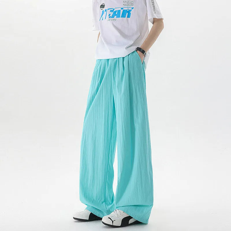 Men's high-waist wide-leg casual trousers in thin polyester blend, long mopping style, available in nine colours