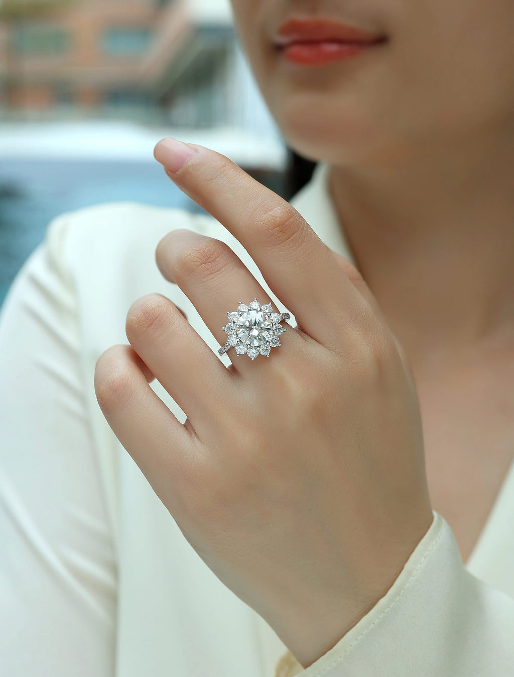 Sunflower 3 carat moissanite wedding ring set in platinum-plated S925 silver in gift box