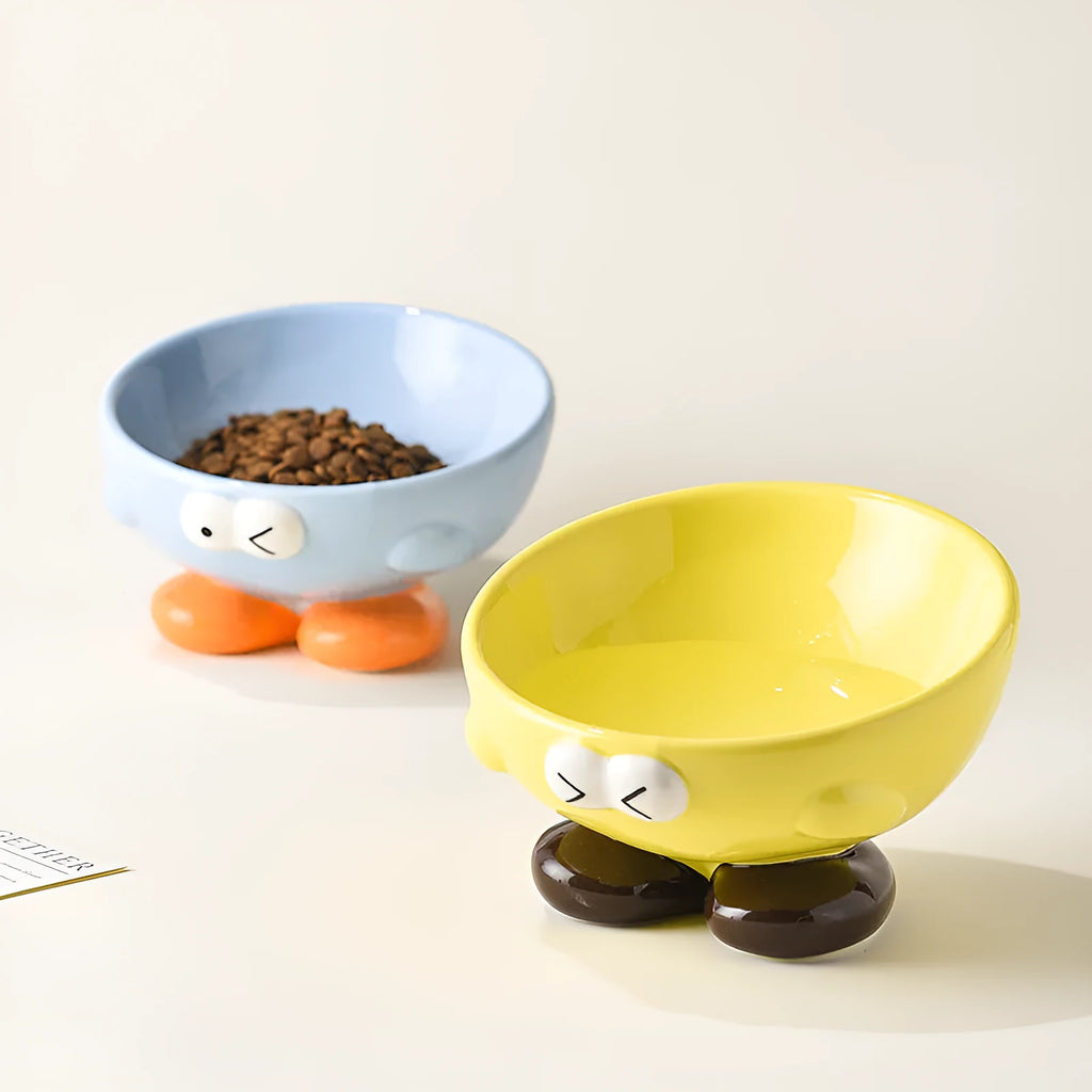 Ceramic pet bowl with oblique tall design in blue colour for cervical spine protection