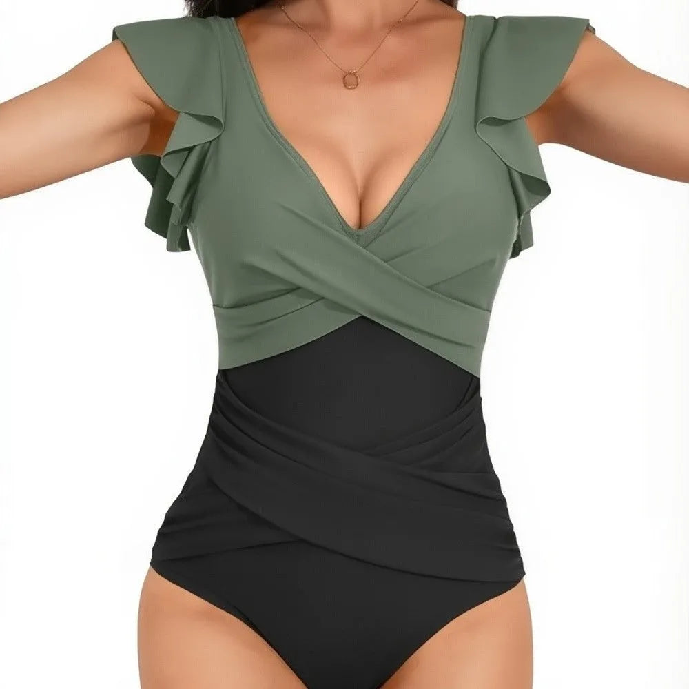 V-neck lotus leaf flying high waist backless one piece swimsuit in colour matching pattern, nylon fabric