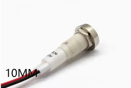 10mm waterproof indicator light with stainless steel edge in multiple colour options on a white background.