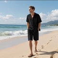 Linen short sleeve shirt and matching shorts set in breathable hemp-blend fabric