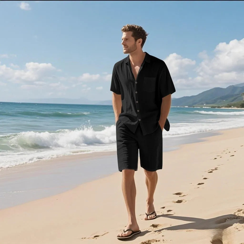 Linen short sleeve shirt and matching shorts set in breathable hemp-blend fabric
