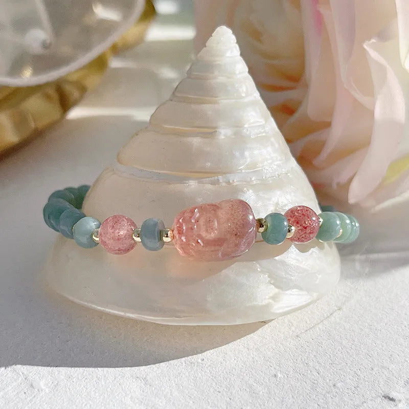 Natural blue water Hetian jade bracelet with carved gourd charm and engraved peace buckle