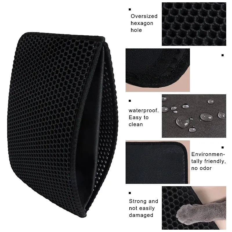Black waterproof EVA cat litter mat with honeycomb texture and quilted edge on a wooden floor