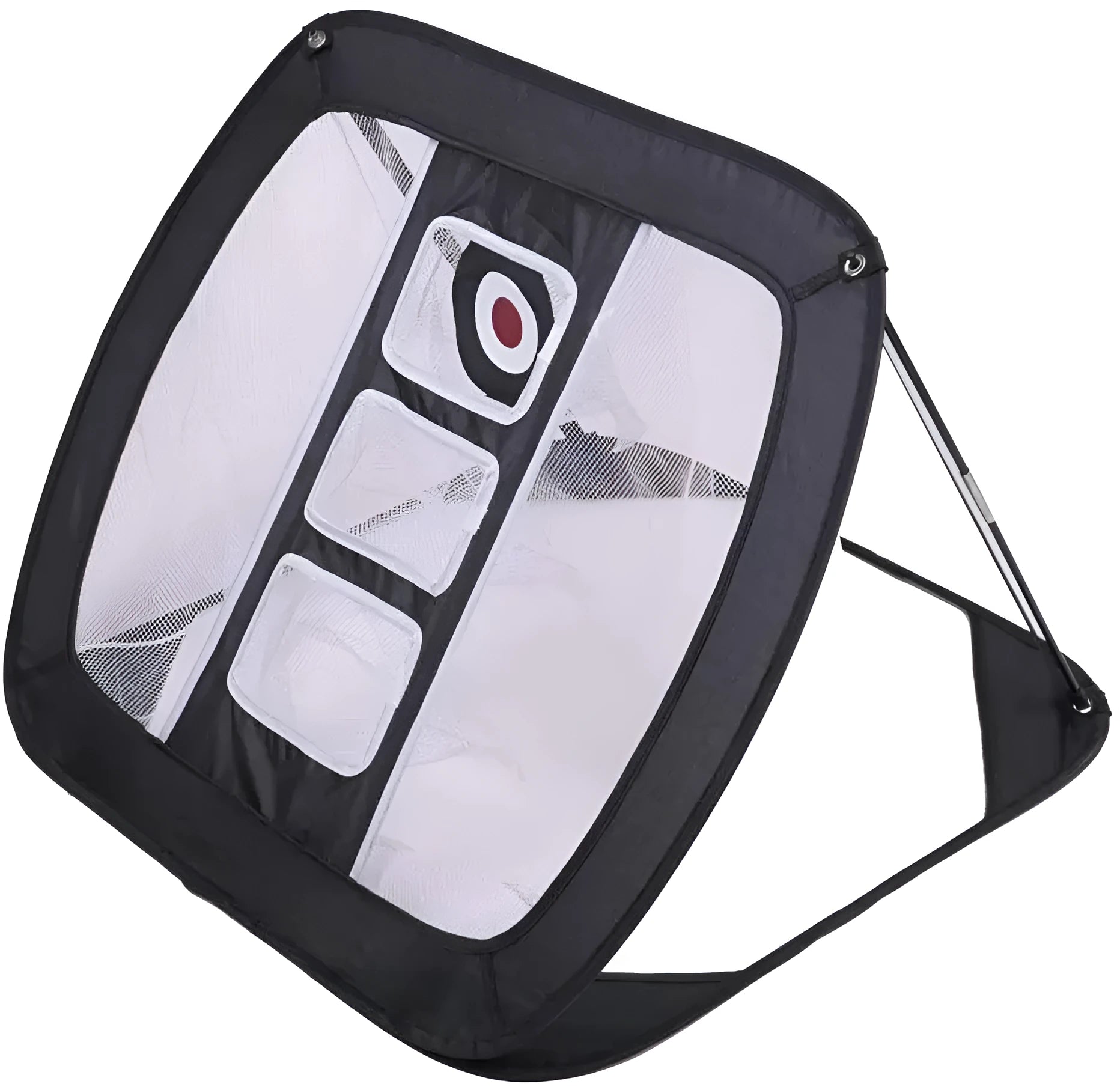 Black foldable golf chipping net with ball collection system, 67x86.5cm, 210D polyester pop-up design