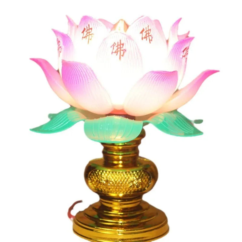 Buddha worship lamp with colourful lotus design and plug for 220V outlets