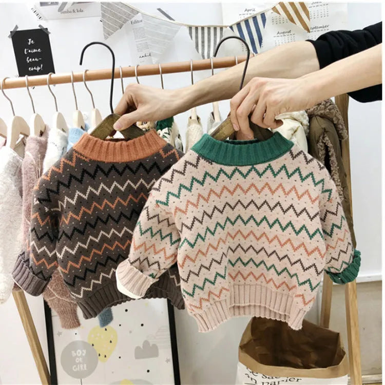 Korean style children's wool sweater in brown colour with long sleeves on hanger