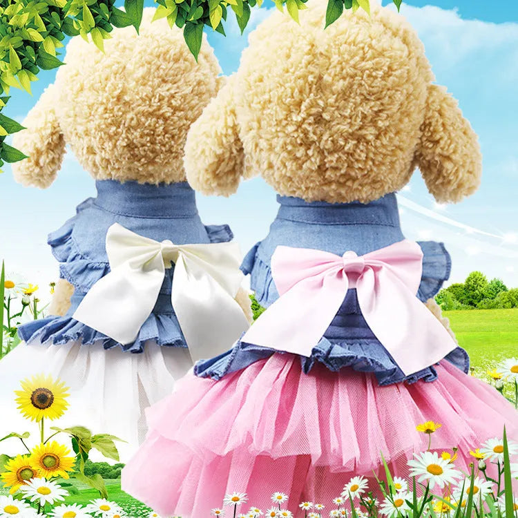 Korean princess style denim pet skirt with creative bow design for dogs