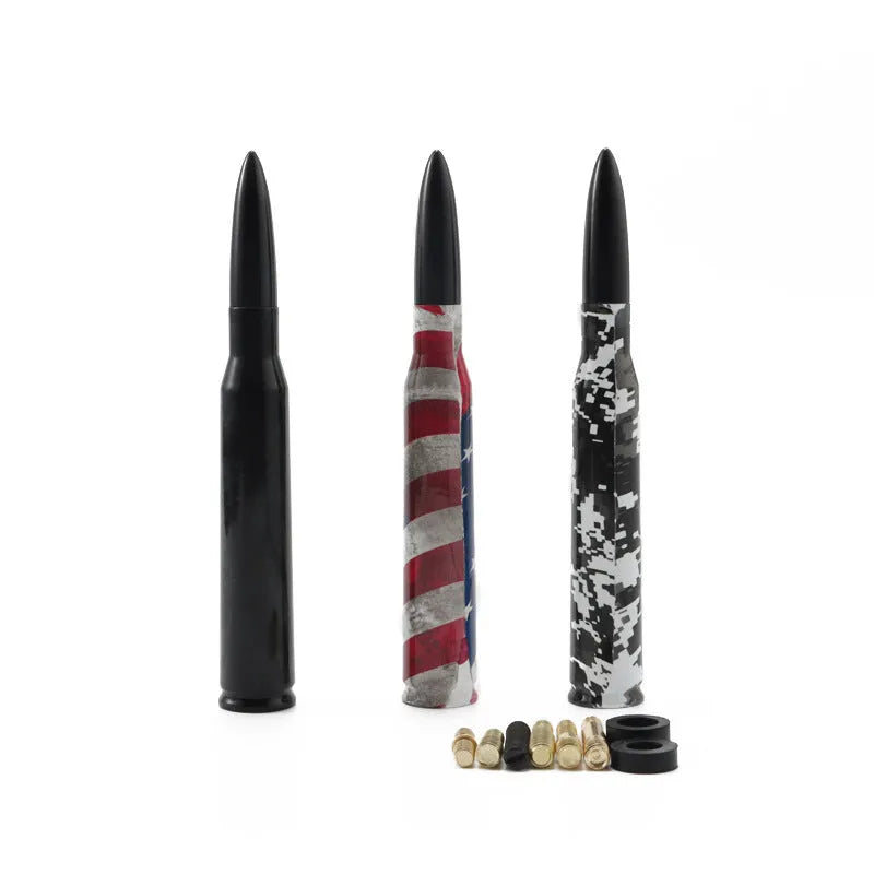14cm bullet car antenna in black, camouflage green, and American flag finishes