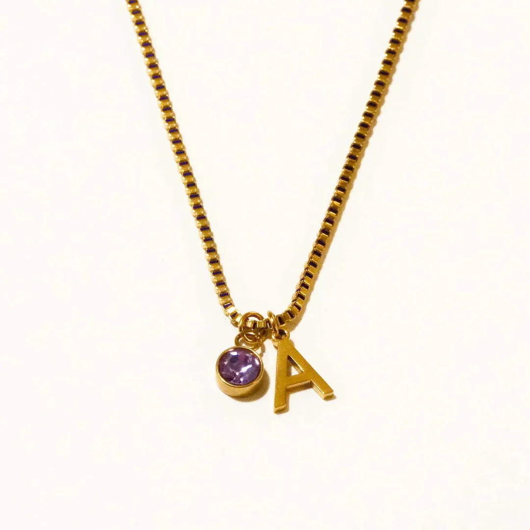 Stainless steel birthstone first letter necklace with O-ring chain, titanium steel pendant, gold or silver finish