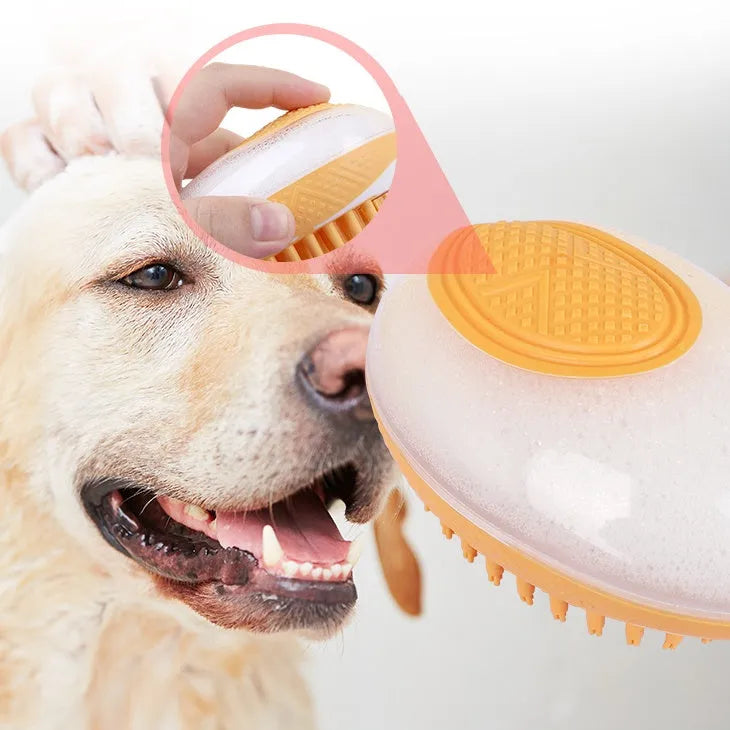 2-in-1 pet bath brush with soft silicone bristles and non-slip grip, in green, for grooming dogs and cats