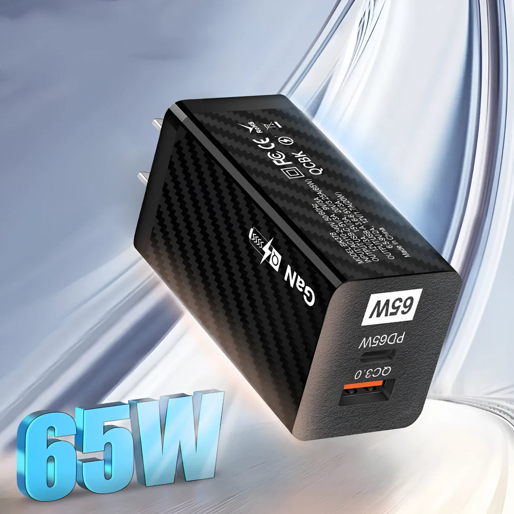 Gallium Nitride 65W universal laptop charger in black or white with UK, EU, and US plug options