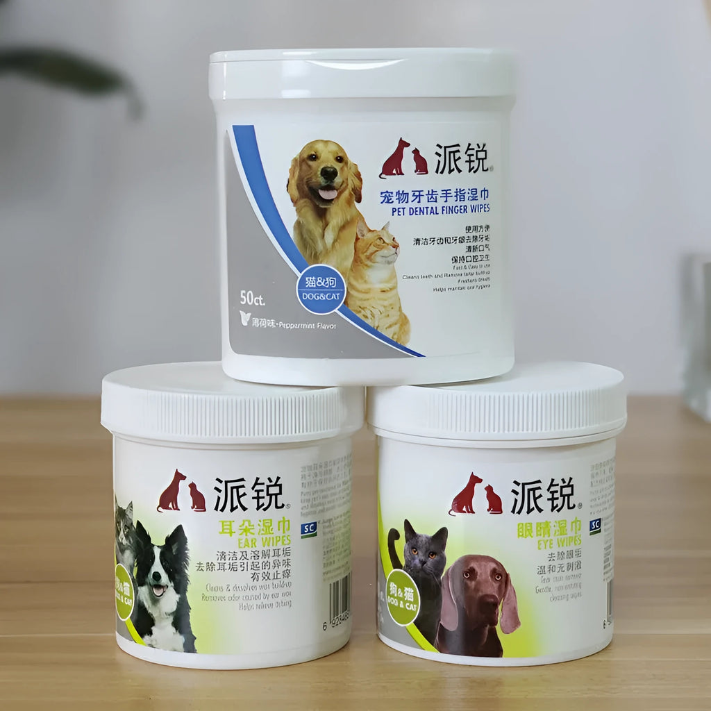 Pet cleaning wipes pack with finger sleeve design in compact bottle for oral, eye, and ear care