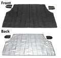 Magnetic car snow shield in black or silver, shown covering a car windscreen, available in 215x150x125cm and 245x180x145cm.