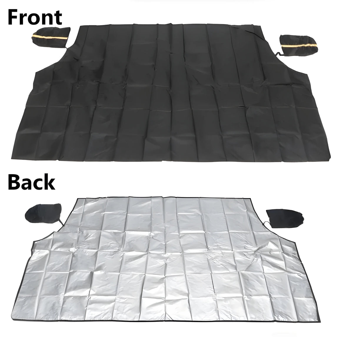 Magnetic car snow shield in black or silver, shown covering a car windscreen, available in 215x150x125cm and 245x180x145cm.