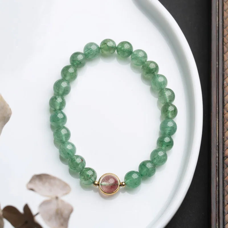 Green strawberry quartz Chinese style bracelet with 7.5mm beads and geometric hand-woven patterns