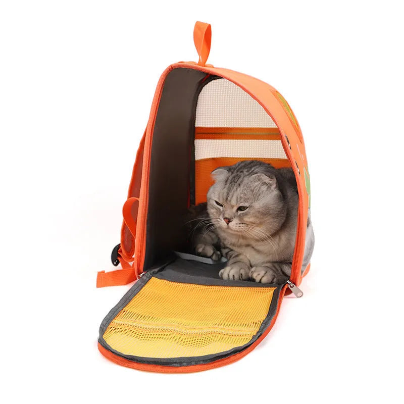 Cartoon cat backpack in nylon, holds 6.50kg cat, available in white, black, or orange