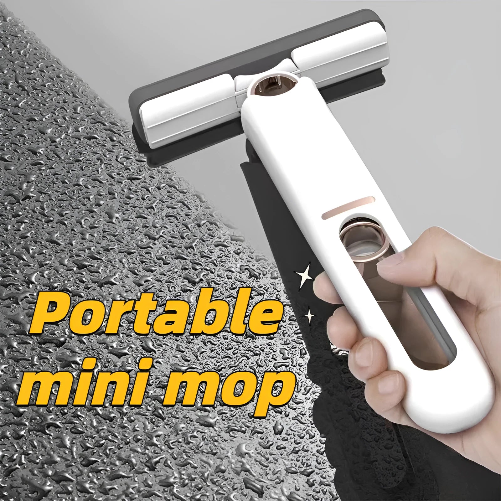 New Portable Self-Squeeze Mini Mop with hand-free wringer and biodegradable sponge on a kitchen counter
