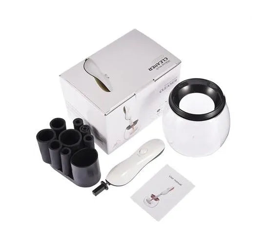 Electric make up brush cleaner spin machine in white with brush attached