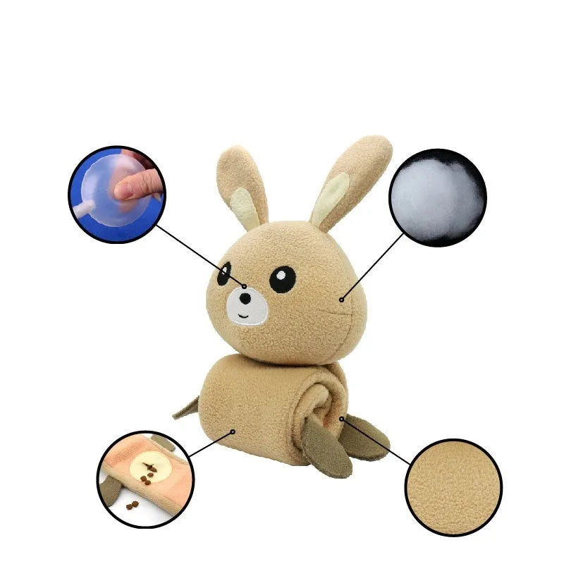 Plush poached bunny dog toy with food hiding compartments and soundmaking features