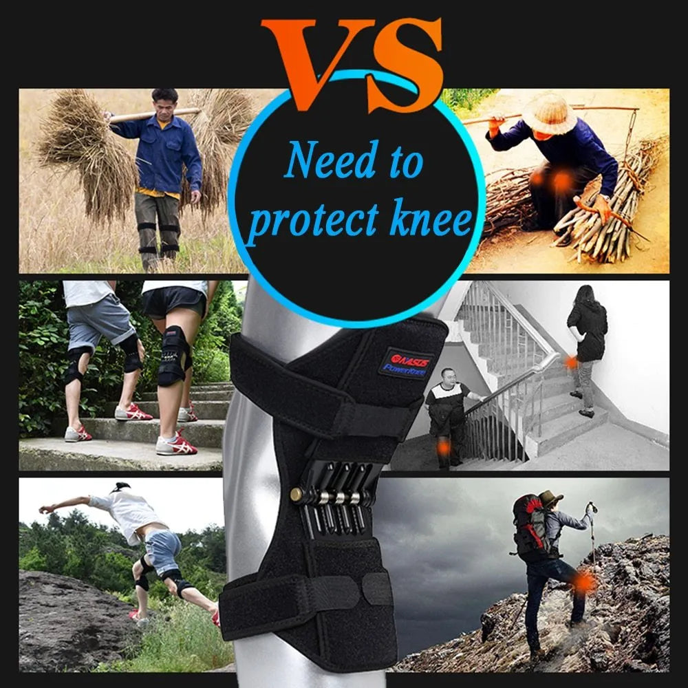 Black knee booster with carbon steel spring and Velcro straps on a neutral background