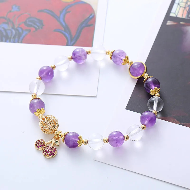 Purple amethyst crystal bracelet with micro-inlaid cherry flower pattern