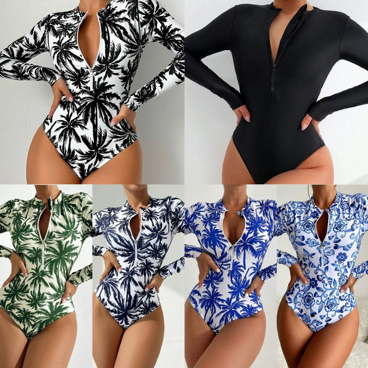Women's one-piece printed swimsuit in blue with polyester and spandex lining, sizes S to XL.
