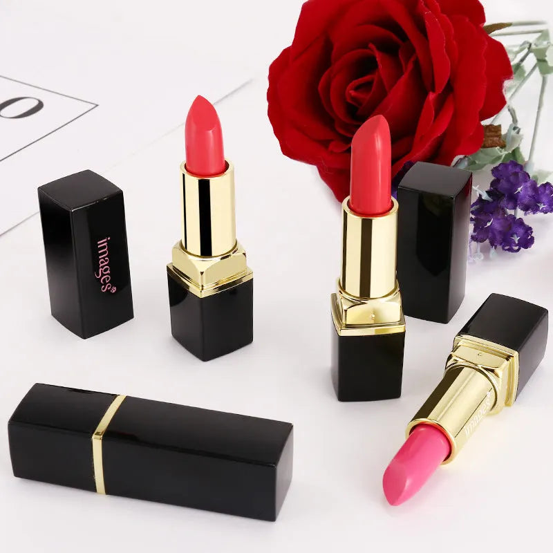Moisturising lipstick lip gloss in a case, shown in multiple colours including coral red and pink.