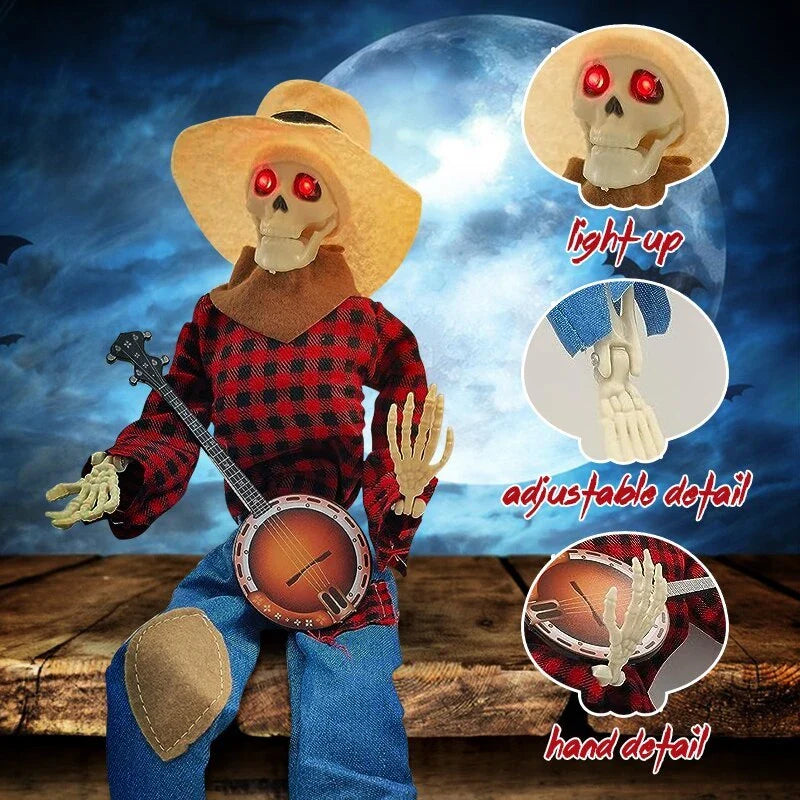 A glowing skeleton decoration holding a bandaged banjo, perfect for spooky Halloween displays