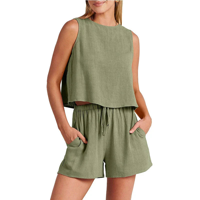 Stylish sleeveless top and drawstring shorts set in multiple vibrant colors