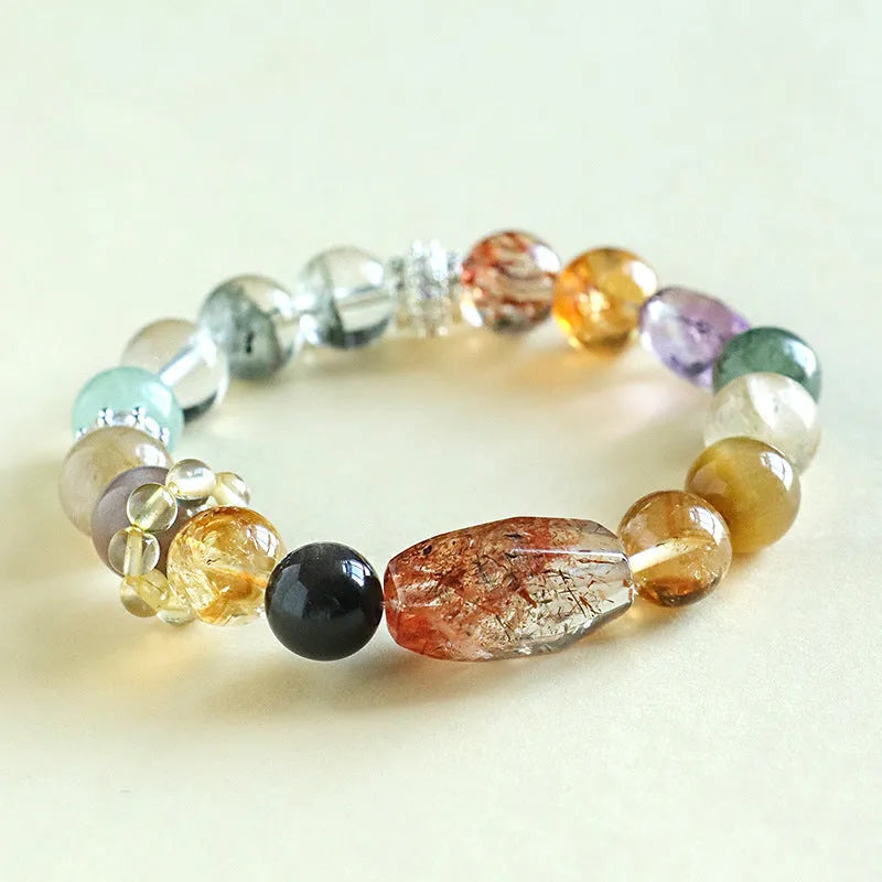 Natural crystal string bracelet with hand-beaded Duobao designs including black gold Super Seven style for women