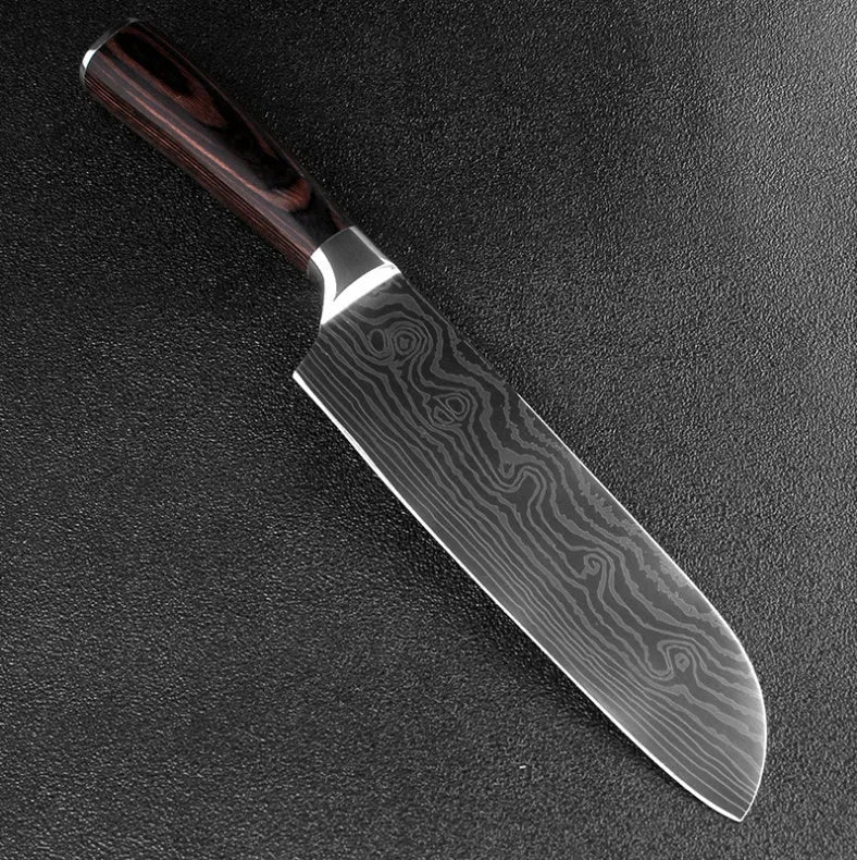 7Cr17 stainless steel kitchen knife with Damascus patterned 18 cm blade and coloured wood handle