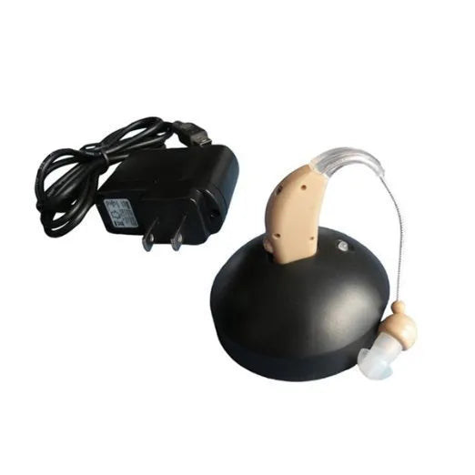 Compact white rechargeable behind-the-ear digital hearing amplifier device with plastic housing.
