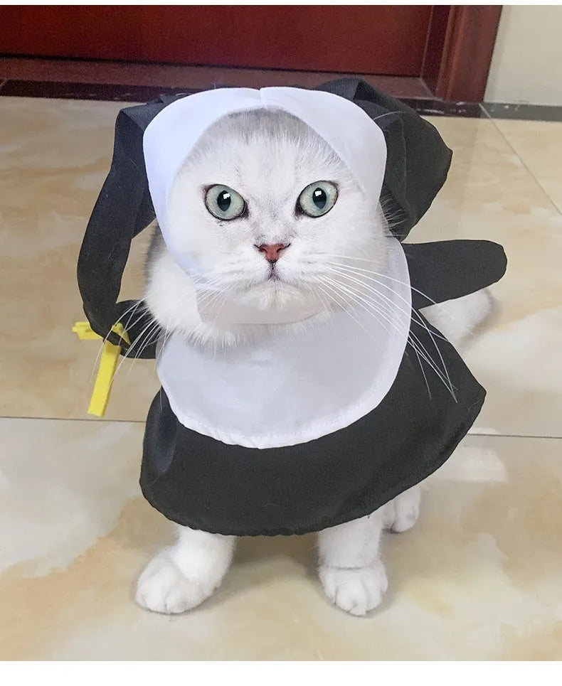 Black polyester nun Halloween costume for cats and dogs with free-size fitting