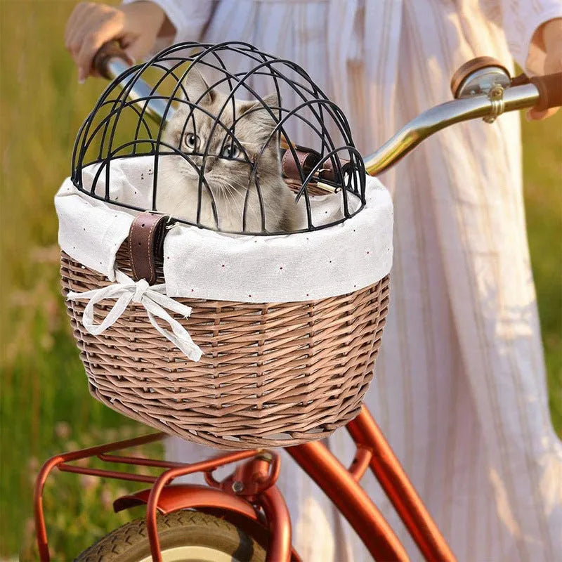 Medium honey wicker bicycle front basket for cat and dog on road bike handlebar