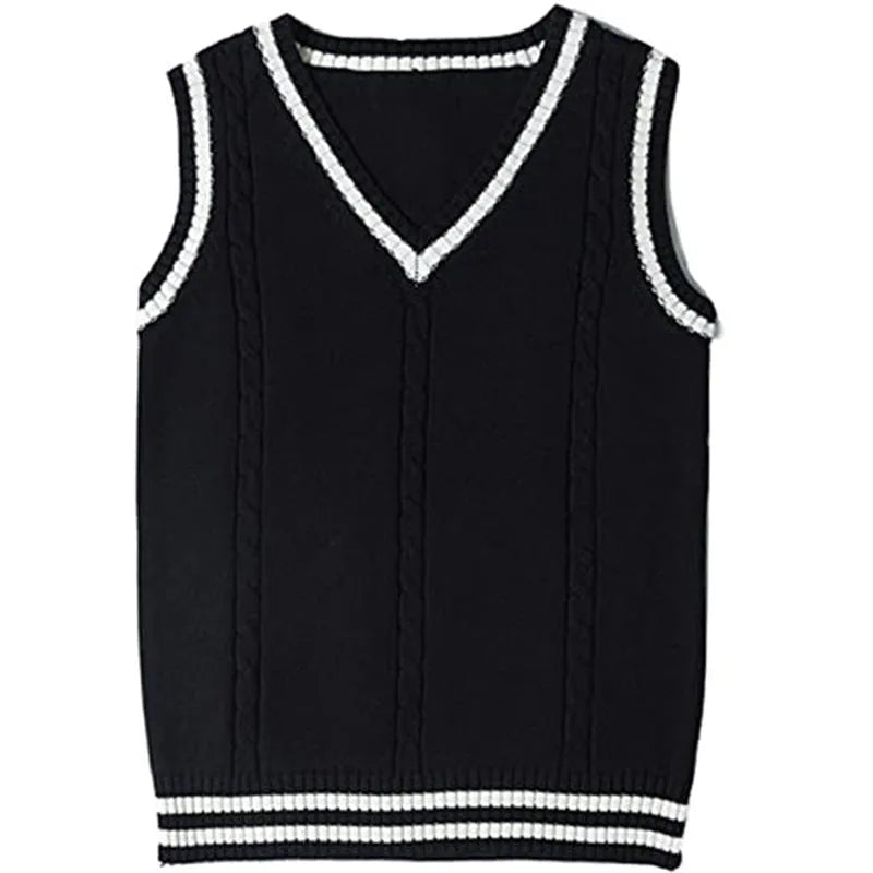 Women's slim fit acrylic V-neck waistcoat sweater with striped stitching in various colours.