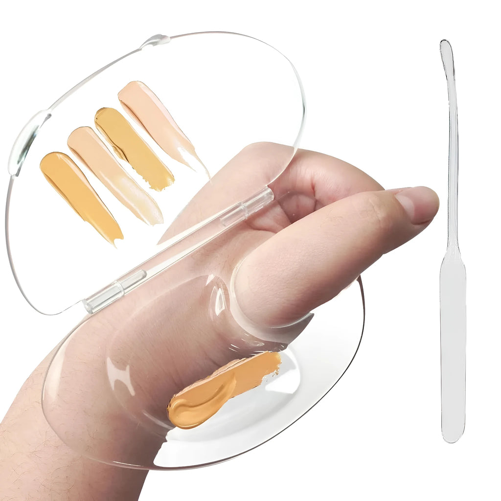 Transparent acrylic makeup mixing palette with central storage groove and side colour test zones.