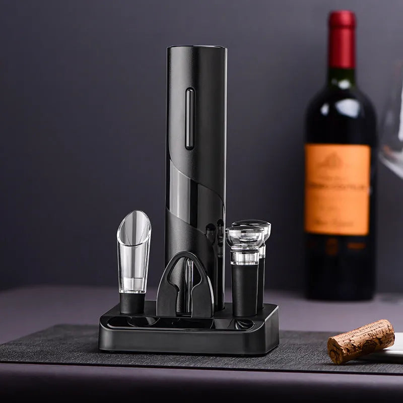 Five-in-one electric bottle opener set with decanter and vacuum stopper on base, ABS plastic, black