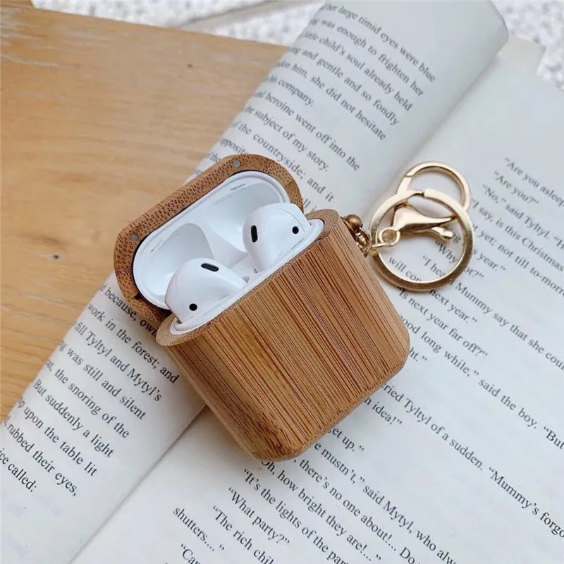 Wood grain AirPods case cover in carbonised wood colour with clamshell design