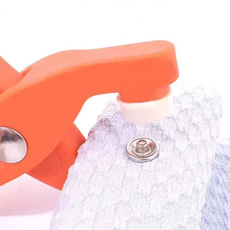 Stainless steel five claw no sew buttons and application pliers for clothing repair on baby and children's garments.