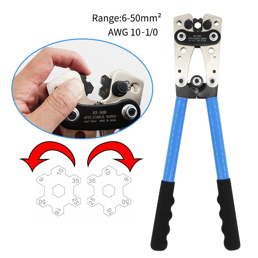 HX-50B aluminium cable crimping pliers with cable cutter and connector assortment
