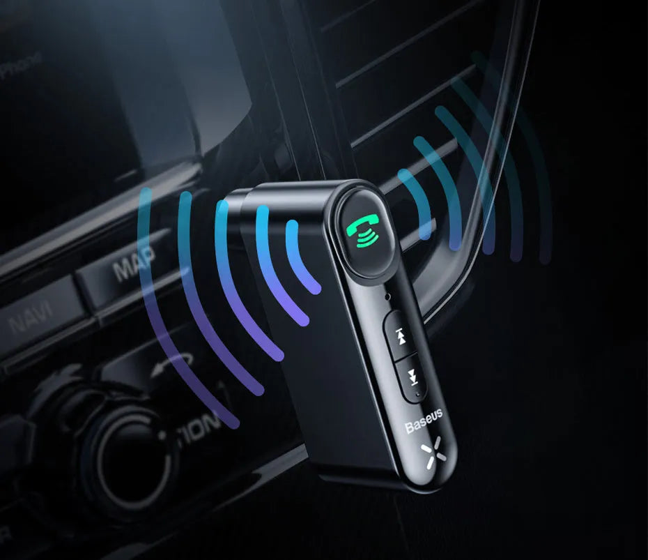 Black car Bluetooth receiver 5.0 with 3.5mm audio output and microphone
