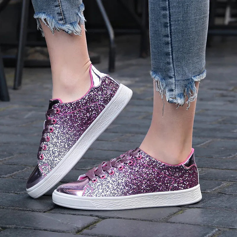 Women's colourful sequinned casual low-top shoes with lace-up front and round toe