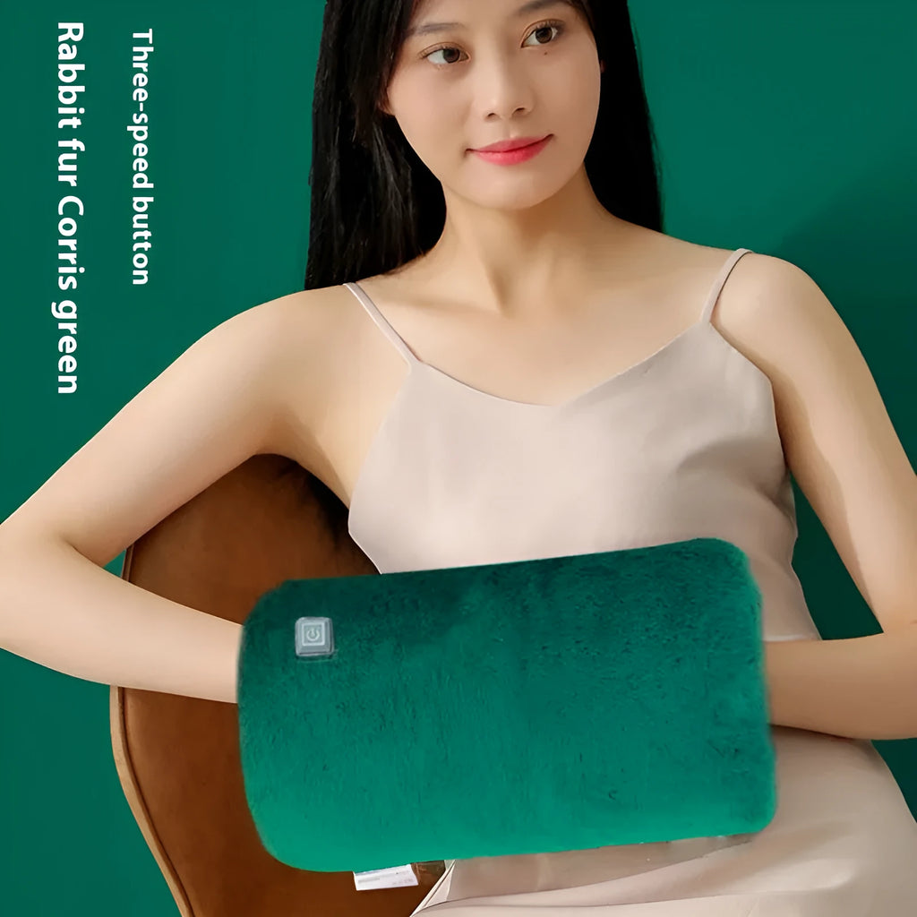 USB hand warmer with rabbit fur third gear button in dark green, grey or pink, explosion-proof design.
