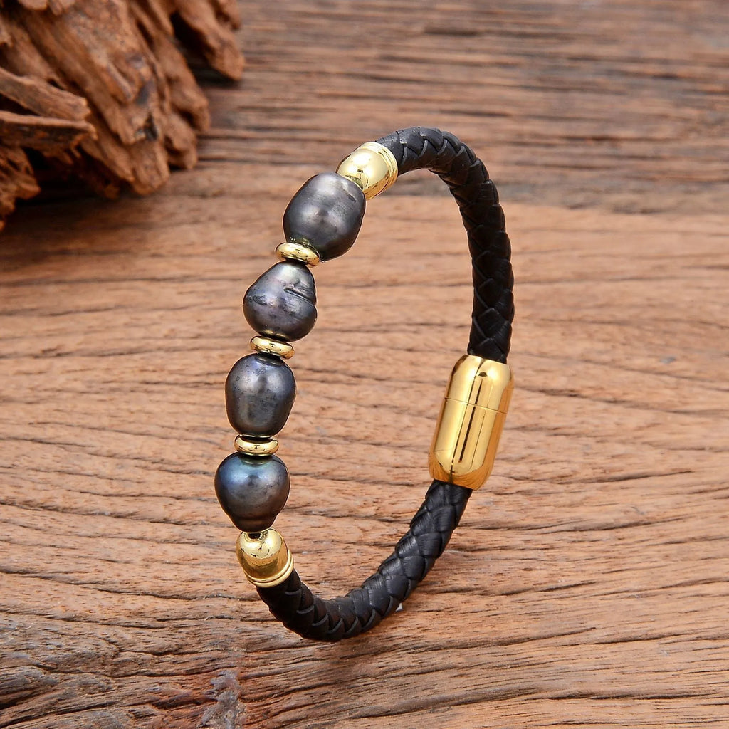 Handmade unisex bracelet with irregular freshwater pearls on brown leather cord