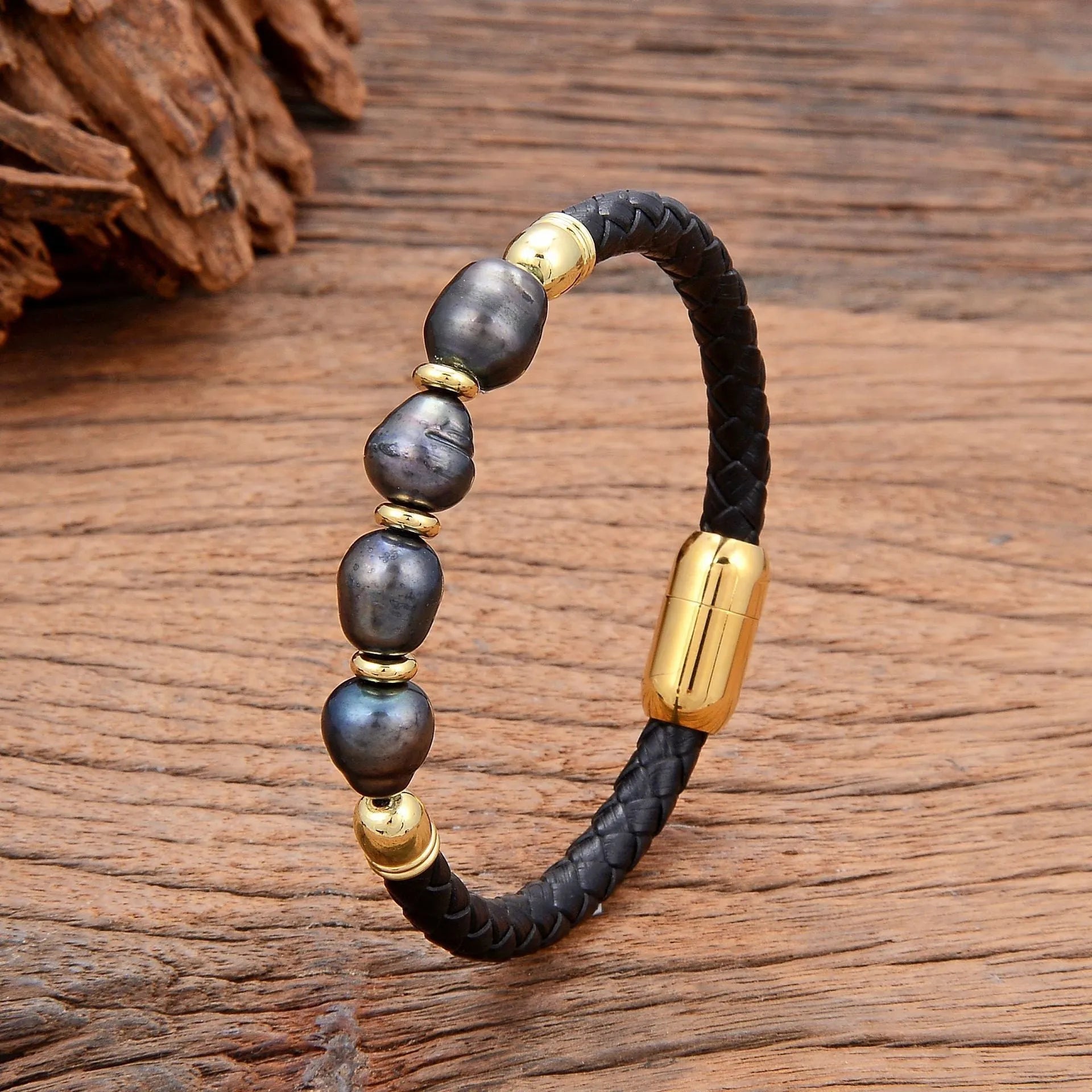 Handmade unisex bracelet with irregular freshwater pearls on brown leather cord