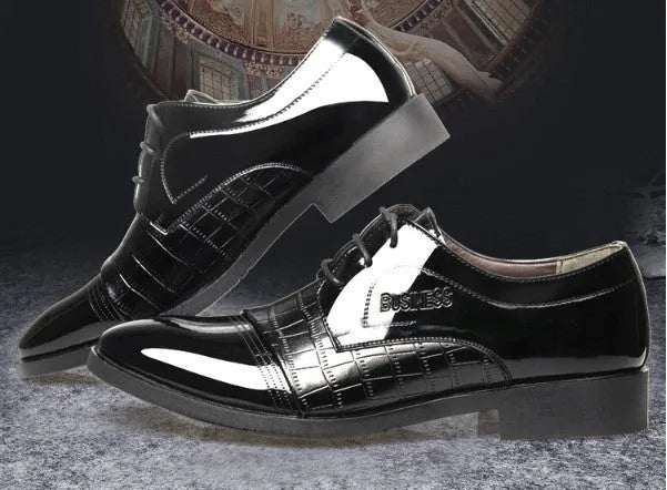 Men's pointed microfiber dress shoes with sequins and stitching, black, low-top design