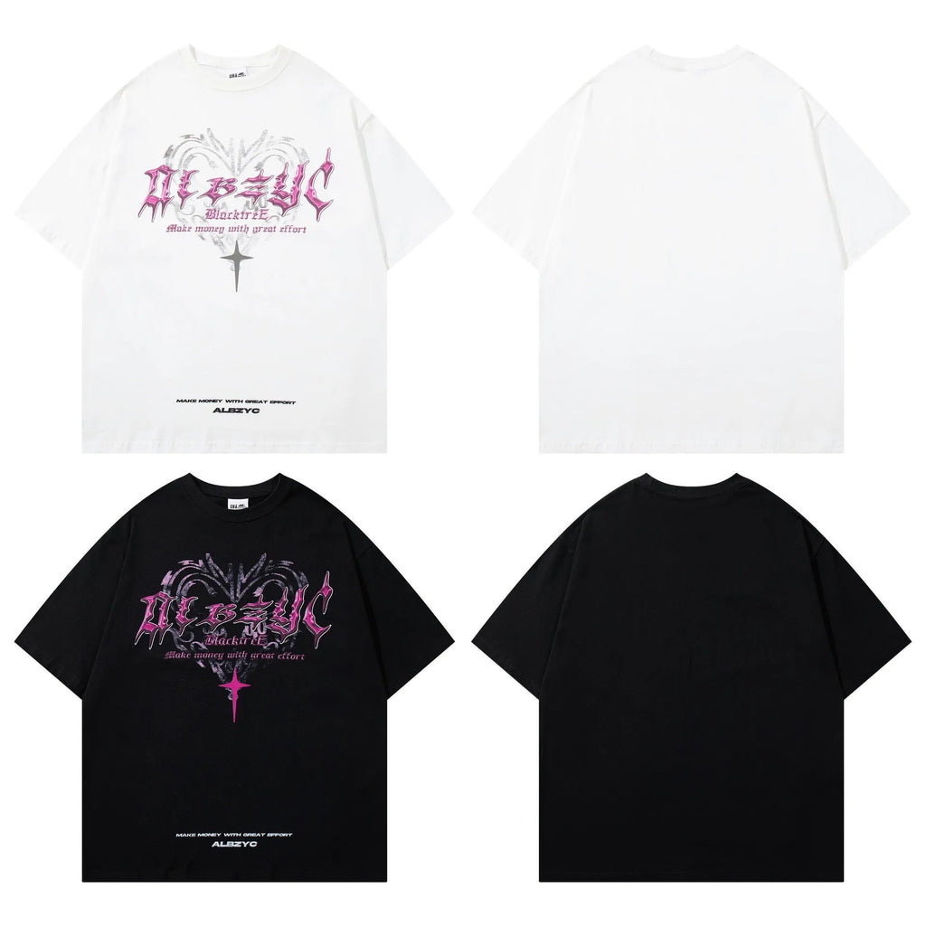 Men's black printed retro design cotton T-shirt with round neck and short sleeves